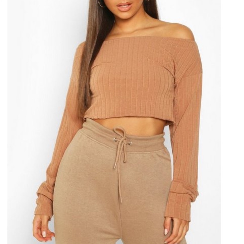 Boohoo off the shoulder camel basic sweater